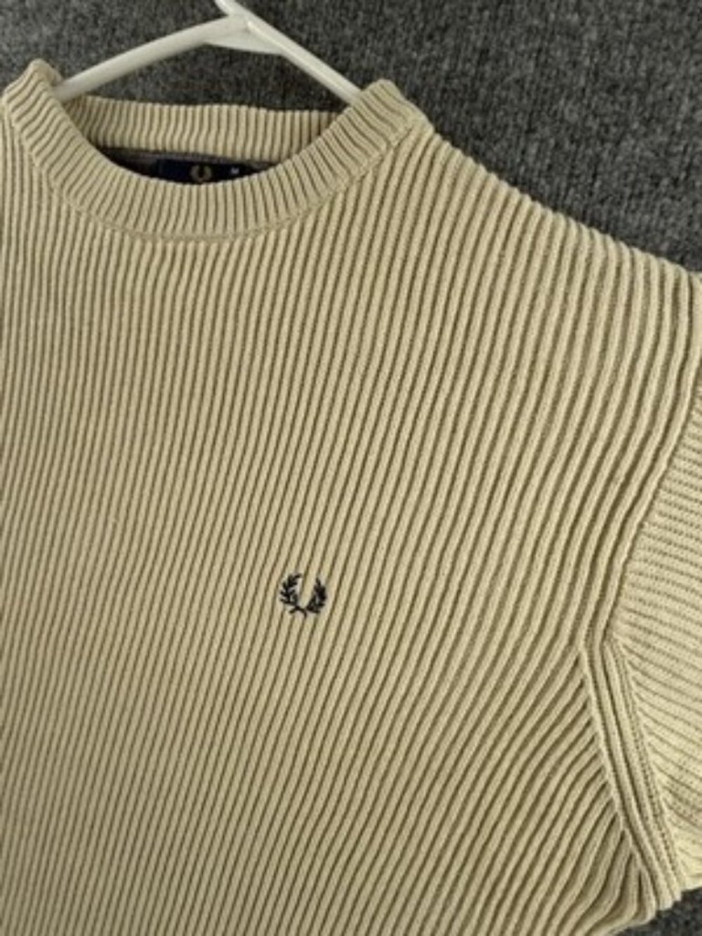 Fred Perry Long Sleeve Beige Cotton Medium Crew Neck Sweater Pullover Logo Solid View 2